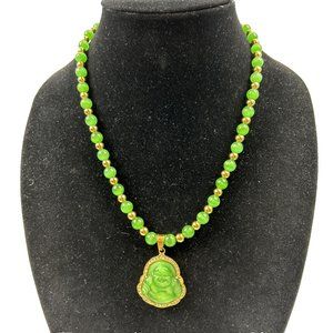 Green Cat Eye 14K Gold Plated Shop Lava Signed Buddha Beaded Necklace 24"L
